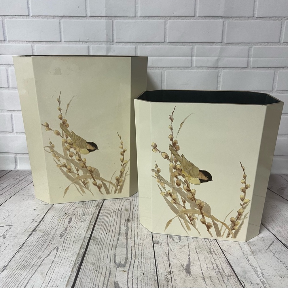VTG Pair Otagiri Wastebaskets Trash Cans Puss y Willow Bird Chickadee Gold Cream